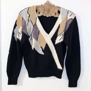 VINTAGE 90s Abstract Fuzzy Soft Beaded Ballon Sleeve V-Neck Sweater Size Small